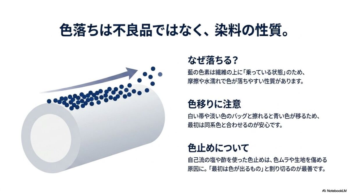 藍染の色落ちのメカニズムと着用時の色移り、色止めの注意点