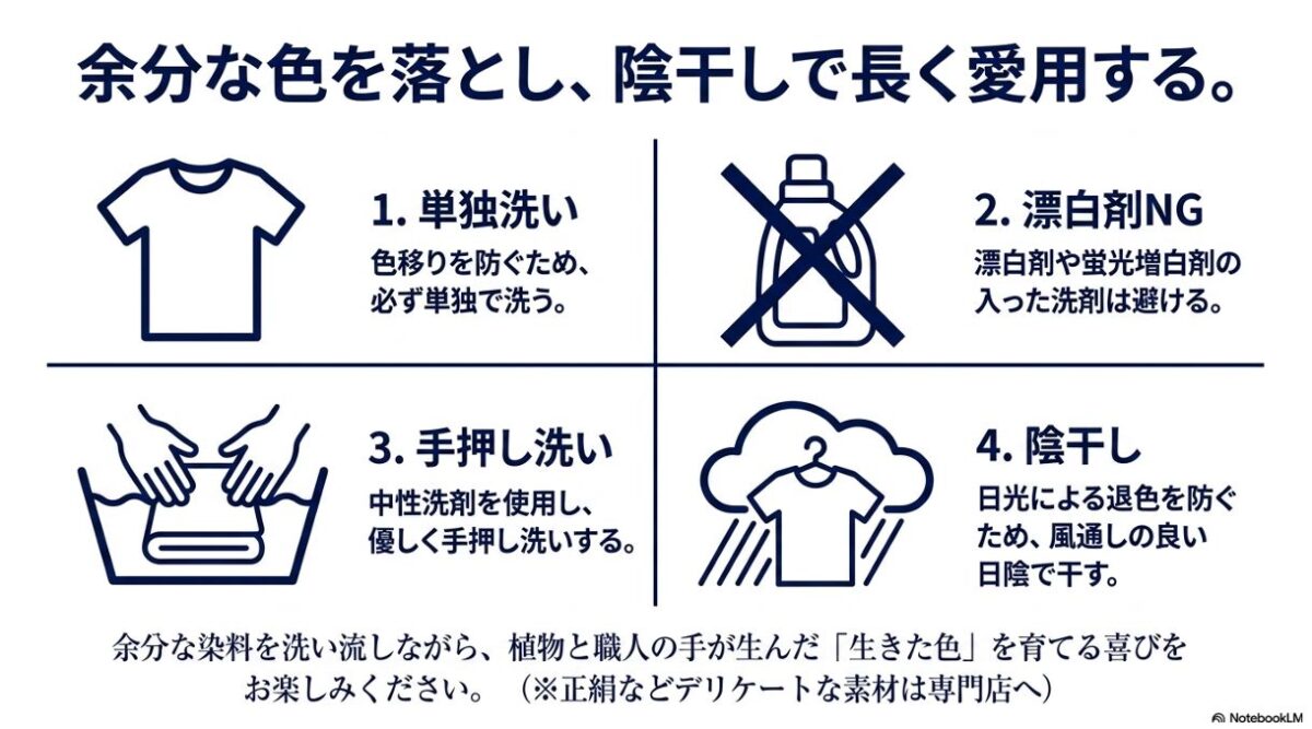 単独洗い、漂白剤NG、手押し洗い、陰干しなど藍染の正しい洗濯手順