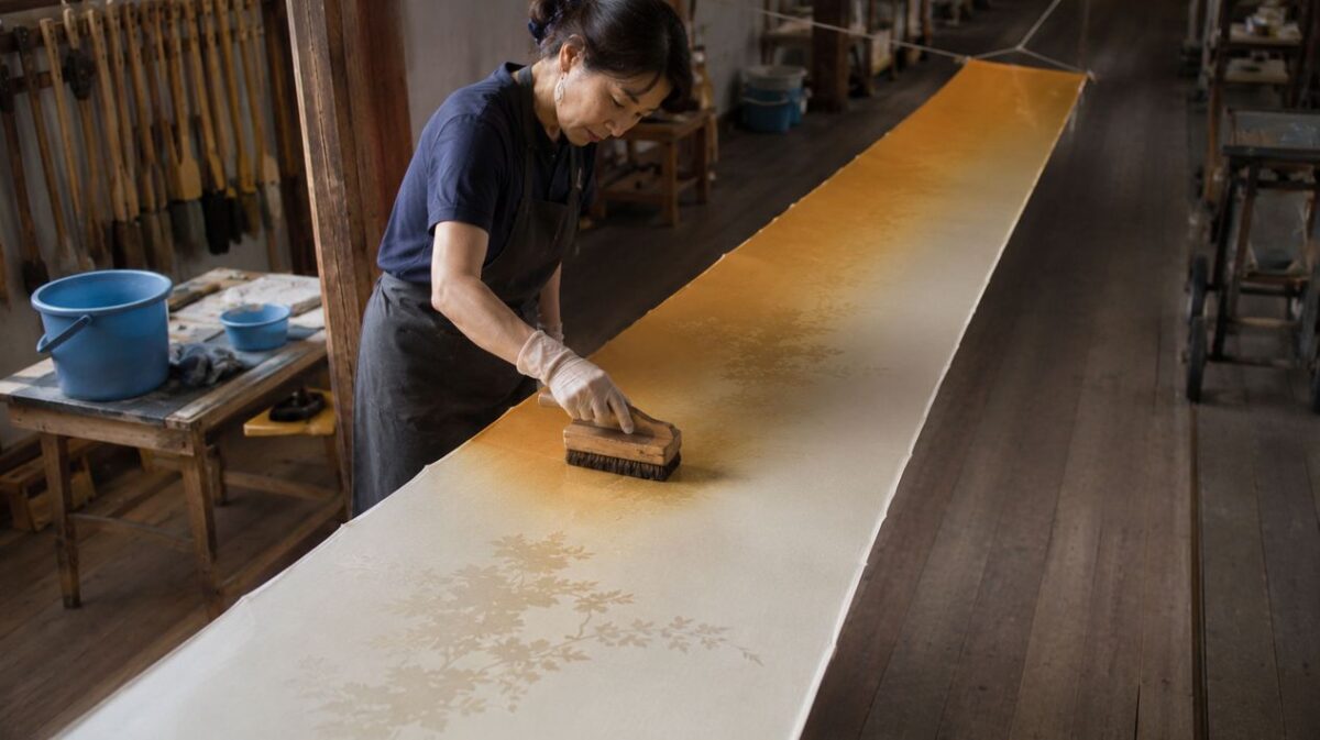 引き染めで黄色から淡色へぼかし染めを施す日本人女性職人の作業風景