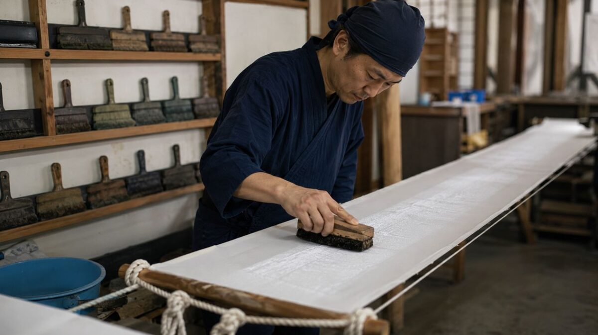 引き染め専用の刷毛を使い、張った反物に地色を施す日本人職人