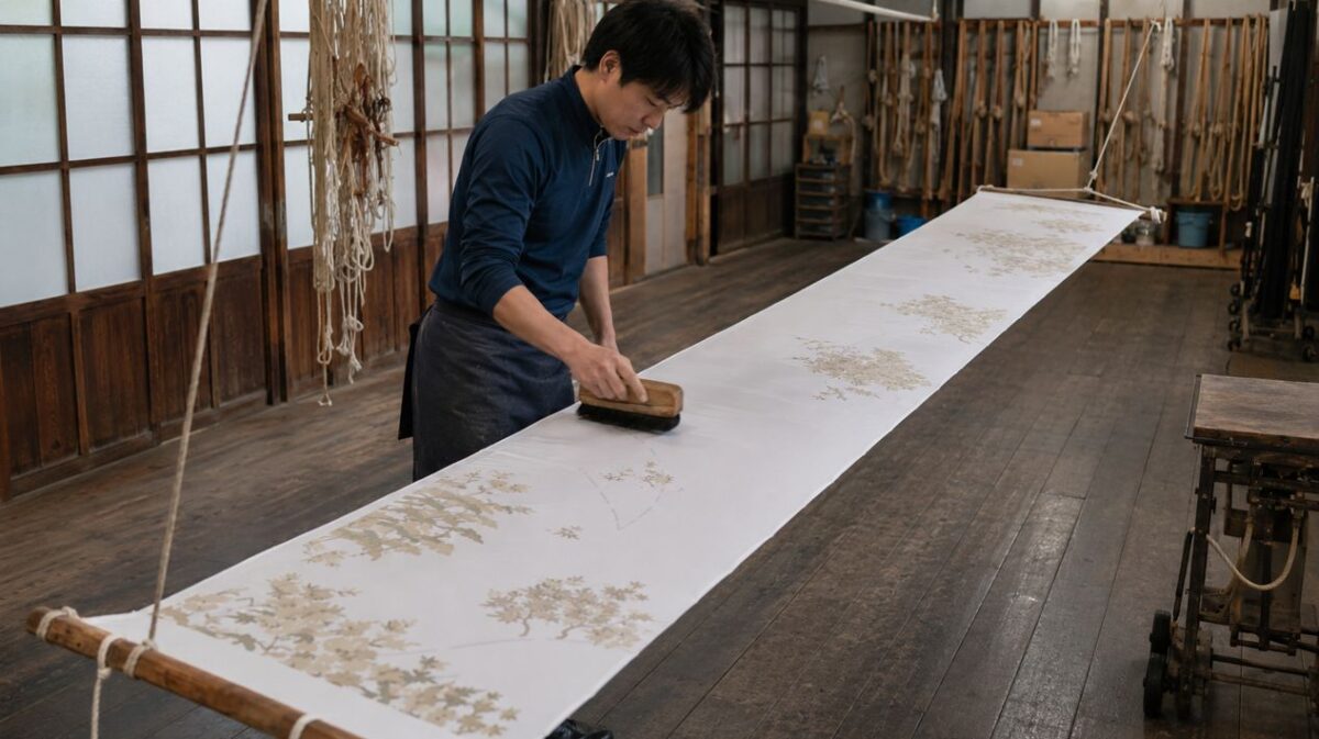 引き染めの工房で、長い反物を張って均一に地染めする日本人職人の作業風景