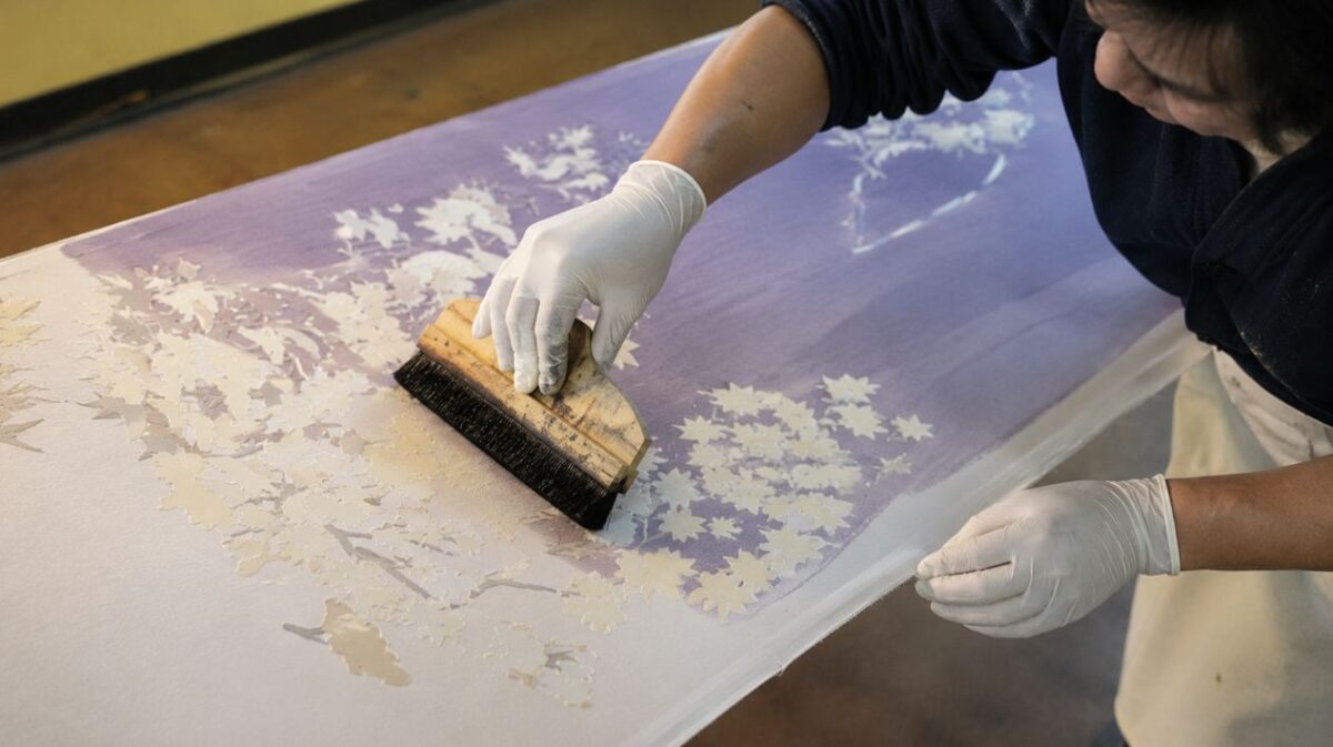 引き染めで防染された花模様を残しながら紫色の地色を刷毛で染める作業の手元