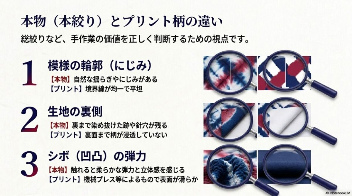 模様の輪郭のにじみ、生地の裏側への浸透、シボの弾力における本絞りとプリント柄のルーペによる見え方の違い