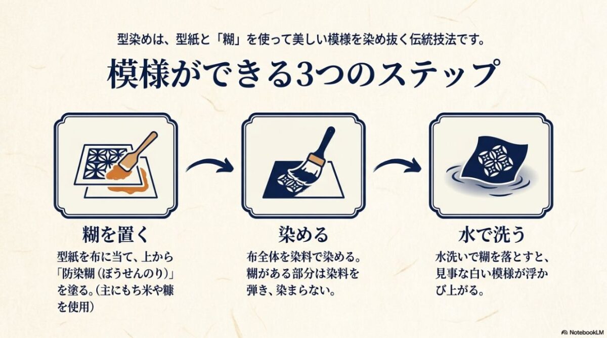 糊を置く、染める、水で洗うという型染めで模様ができる3つの工程