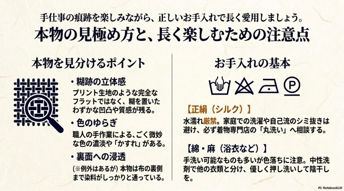 糊跡の立体感や裏面への浸透といった本物を見極めるポイントと、正絹や綿・麻素材のお手入れの基本