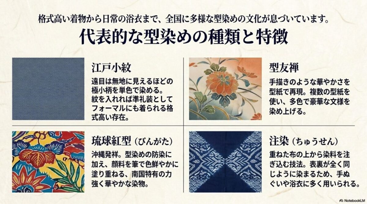 江戸小紋、琉球紅型、型友禅、注染といった代表的な型染めの種類と特徴