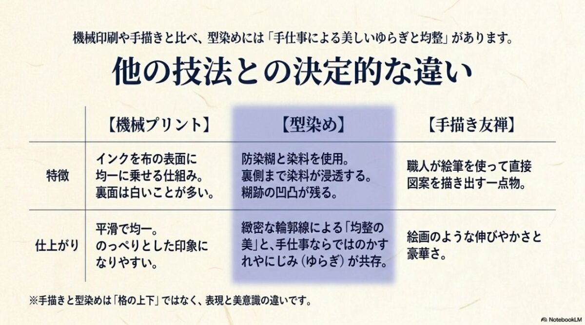 機械プリント、型染め、手描き友禅の特徴と仕上がりの違いの比較