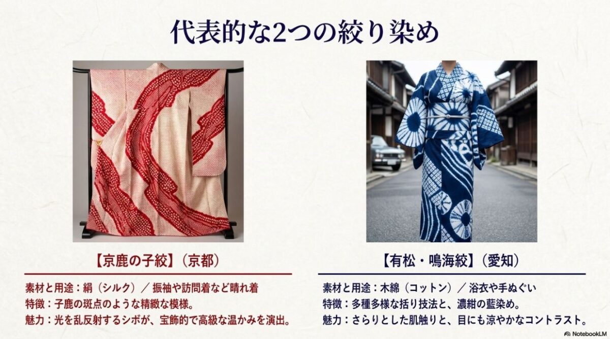 絹素材で振袖に使われる京鹿の子絞と、木綿素材で浴衣に使われる有松・鳴海絞の特徴比較