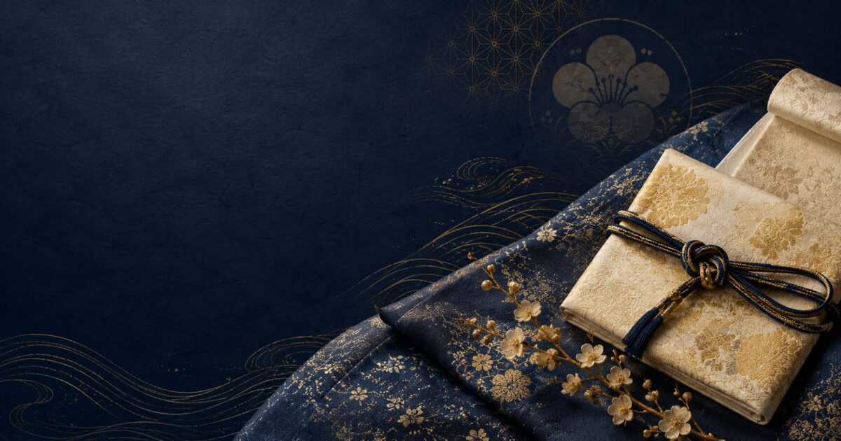 深紺の和紙背景に、金の文様と上品な着物・帯・帯締めを配置した凜然のプロフィール用和風ビジュアル