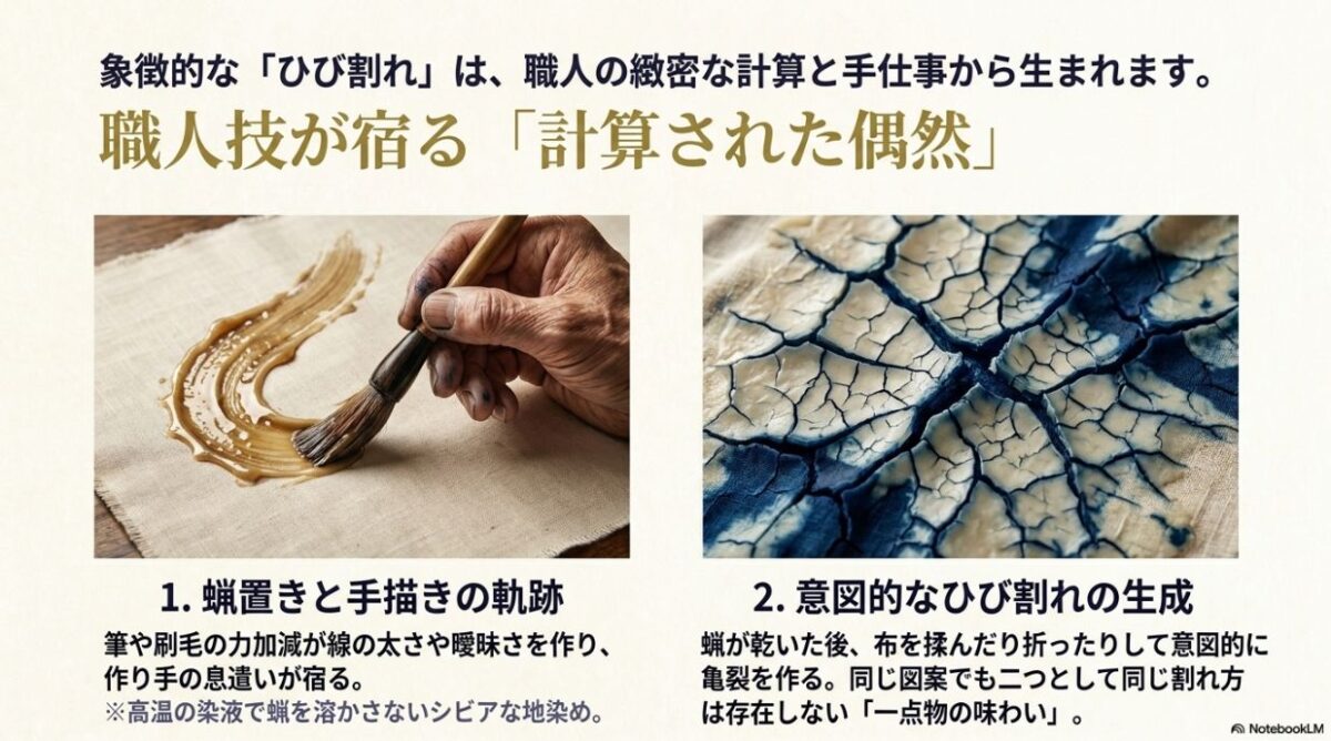 筆や刷毛による蝋置きの軌跡と、意図的なひび割れが生み出す職人技