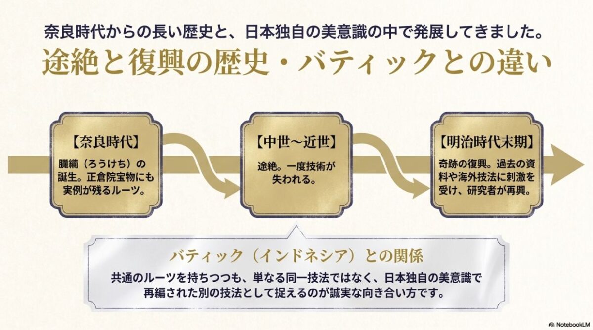 奈良時代の臈纈誕生から近代の復興までの歴史と、インドネシアのバティックとの関係性