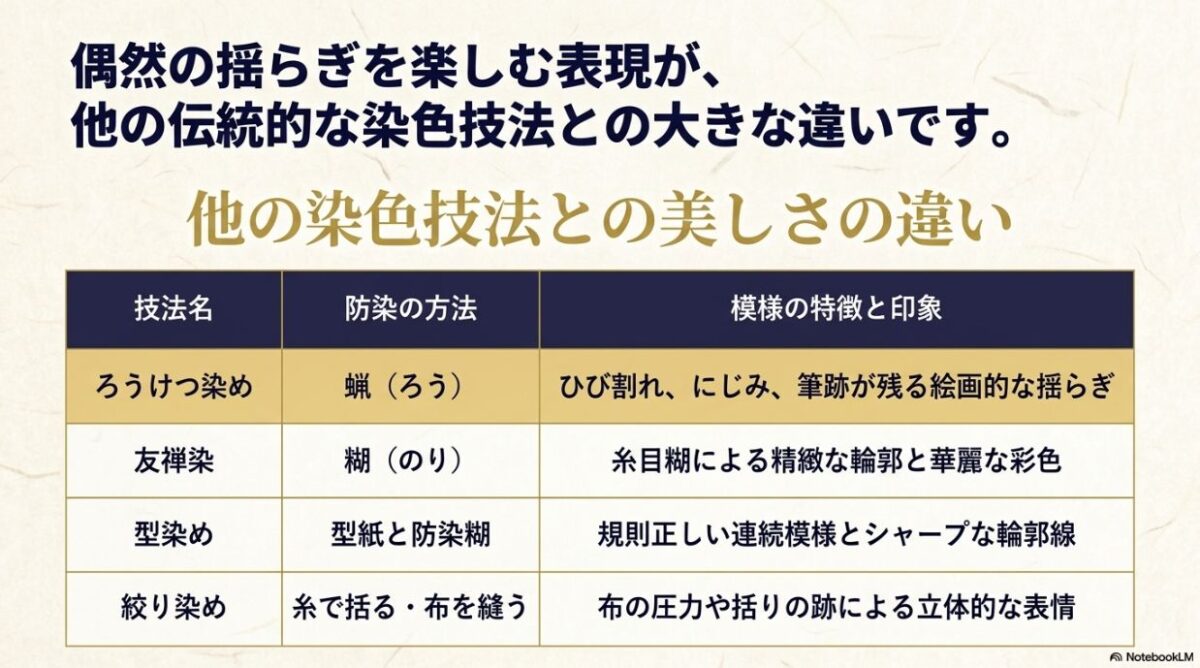 ろうけつ染め、友禅染、型染め、絞り染めの防染方法と模様の特徴の比較