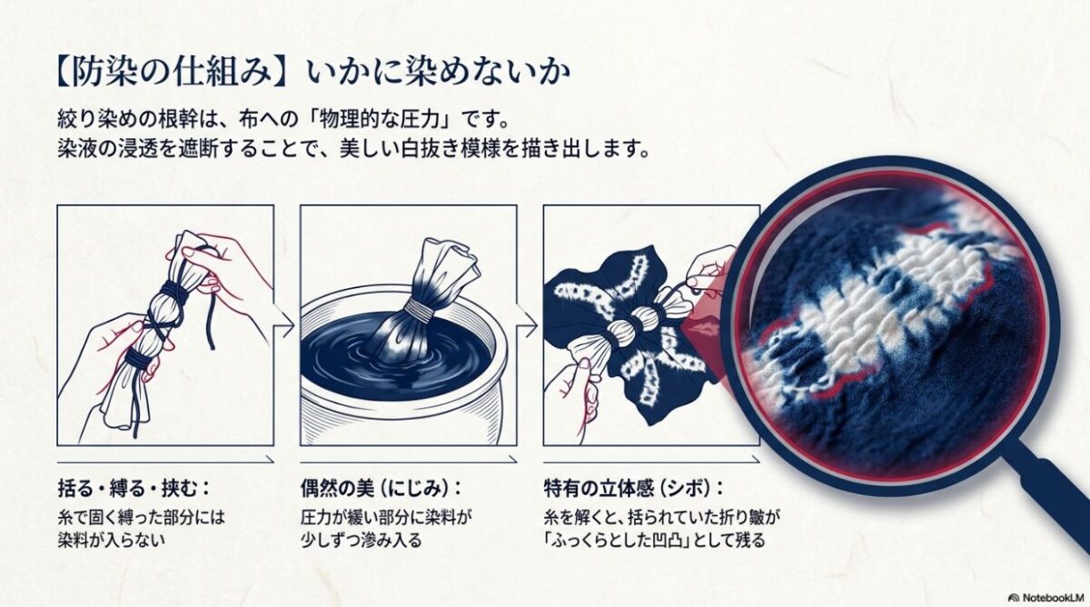 布を糸で縛って染料の浸透を遮断する防染の仕組みと、にじみやシボができる過程の図解