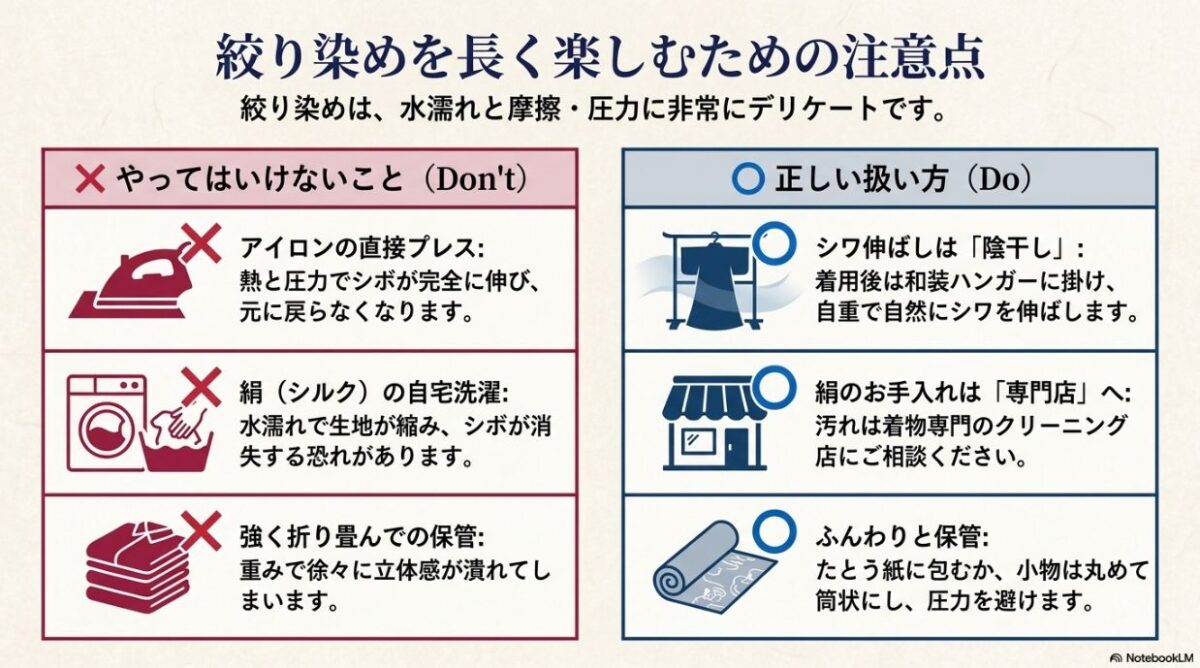 アイロンの直接プレスや絹の自宅洗濯、強い折り畳みを避けるなど、絞り染めを長く楽しむための正しい扱い方と注意点