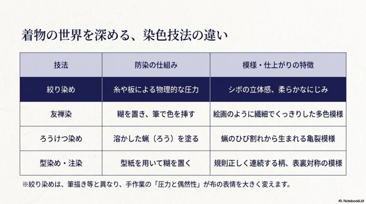 絞り染め、友禅染、ろうけつ染め、型染め・注染における防染の仕組みと模様の仕上がりの違いを示す比較表