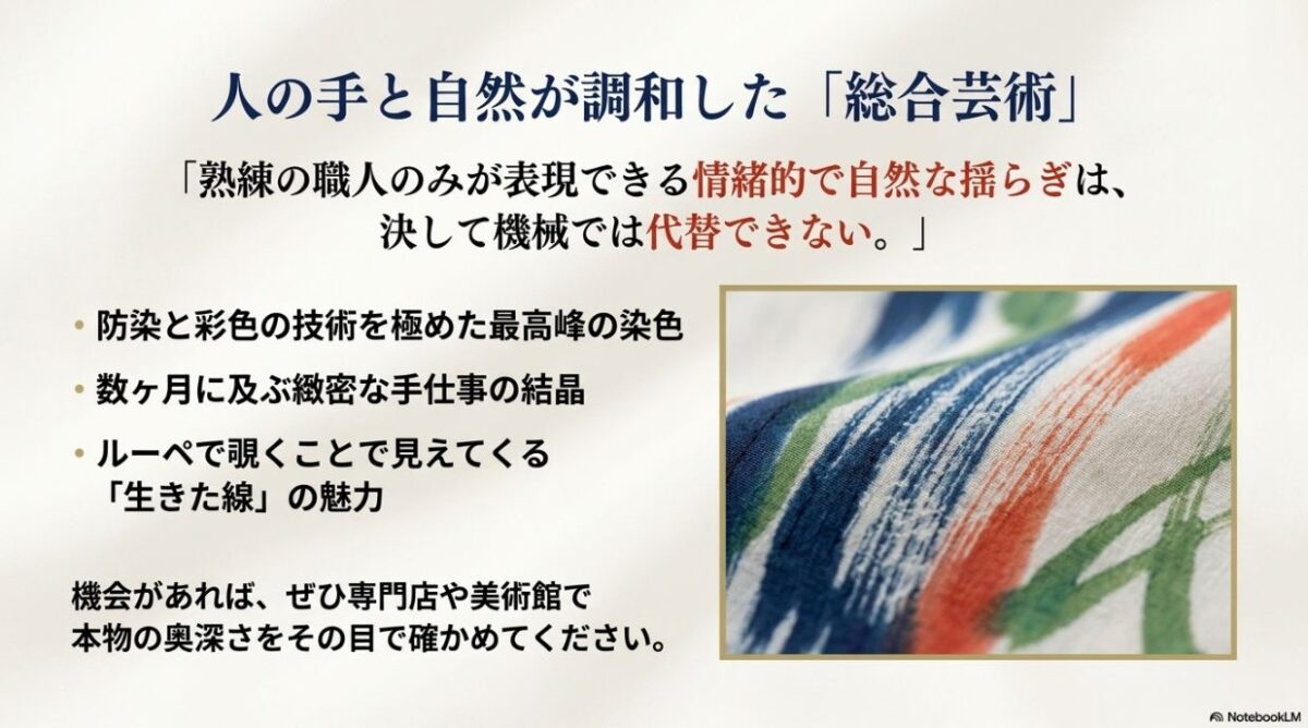 熟練の職人が生み出す自然な揺らぎと手描き友禅の普遍的価値をまとめたスライド