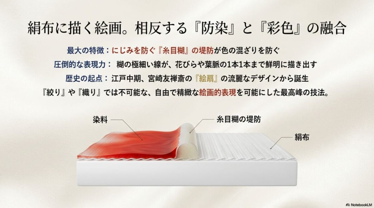 糸目糊の堤防が染料のにじみを防ぐメカニズムを解説した図解スライド