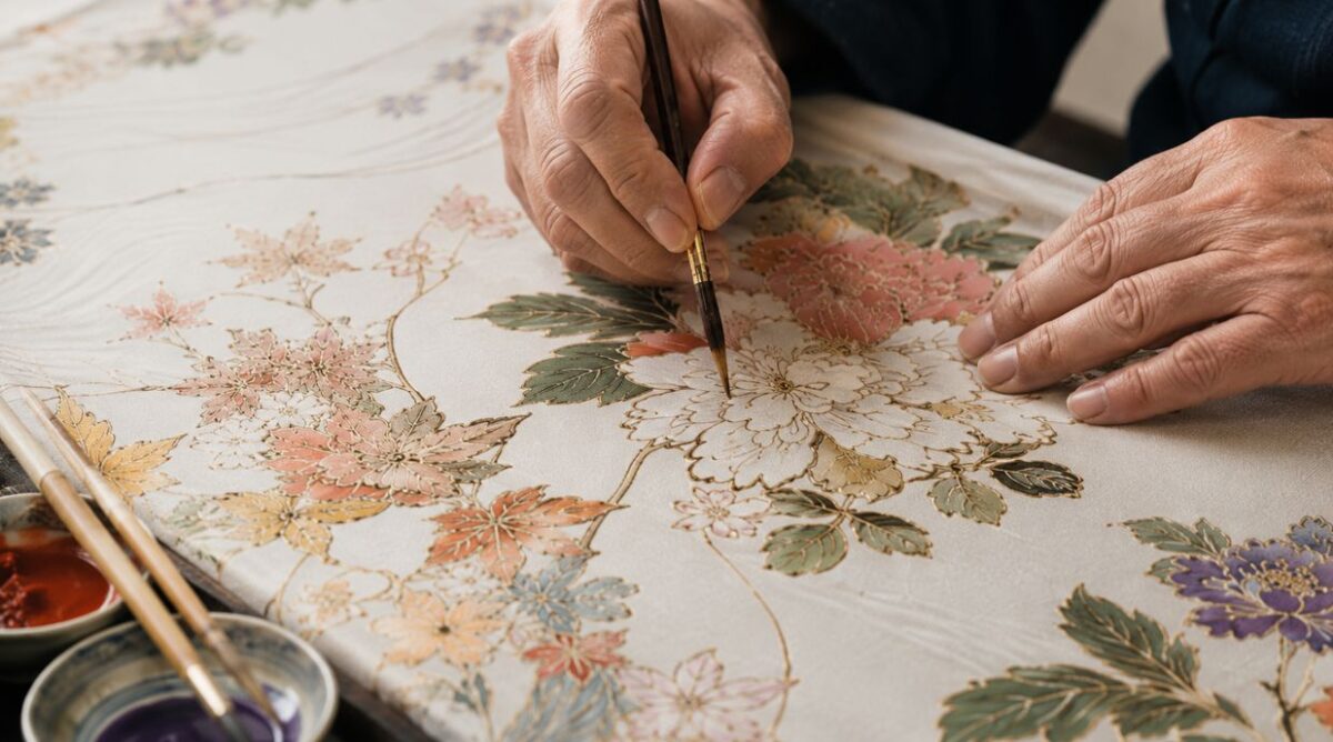 筆を使って繊細な花柄にグラデーション（ぼかし）を表現する手描き友禅の彩色工程