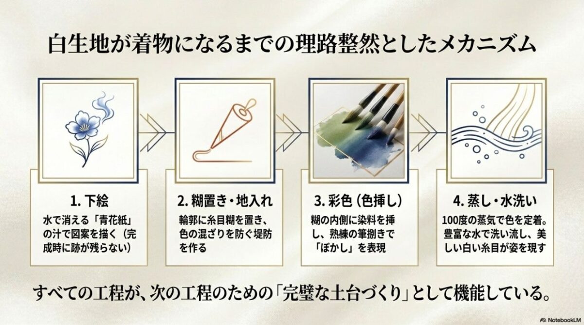 下絵から糊置き、彩色、蒸し・水洗いまでの友禅染の工程フローを示したスライド