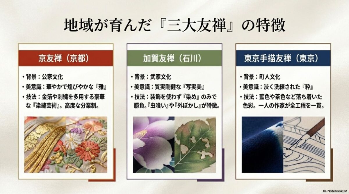 京友禅、加賀友禅、東京手描友禅の文化的背景と技法の特徴をまとめたスライド
