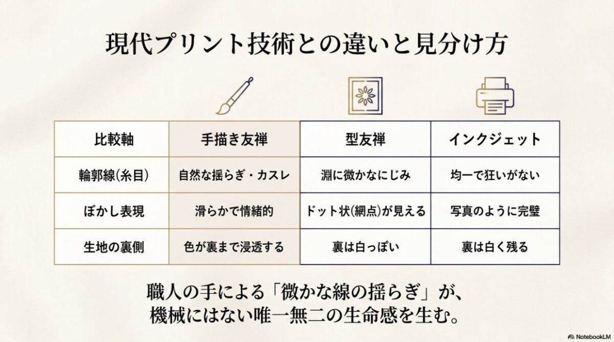 手描き友禅・型友禅・インクジェットプリントの輪郭線や裏側の違いをまとめた比較スライド